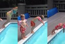 模仿媽媽跳水 男童「瞬間當機」僵硬姿勢笑翻百萬網友
